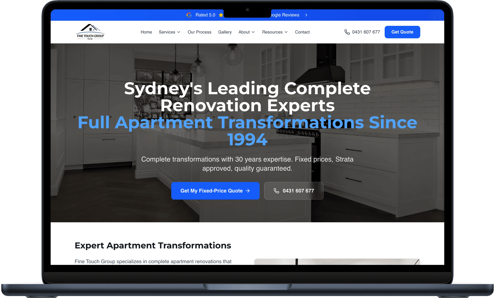 Fine Touch Group apartment renovations page with trust signals