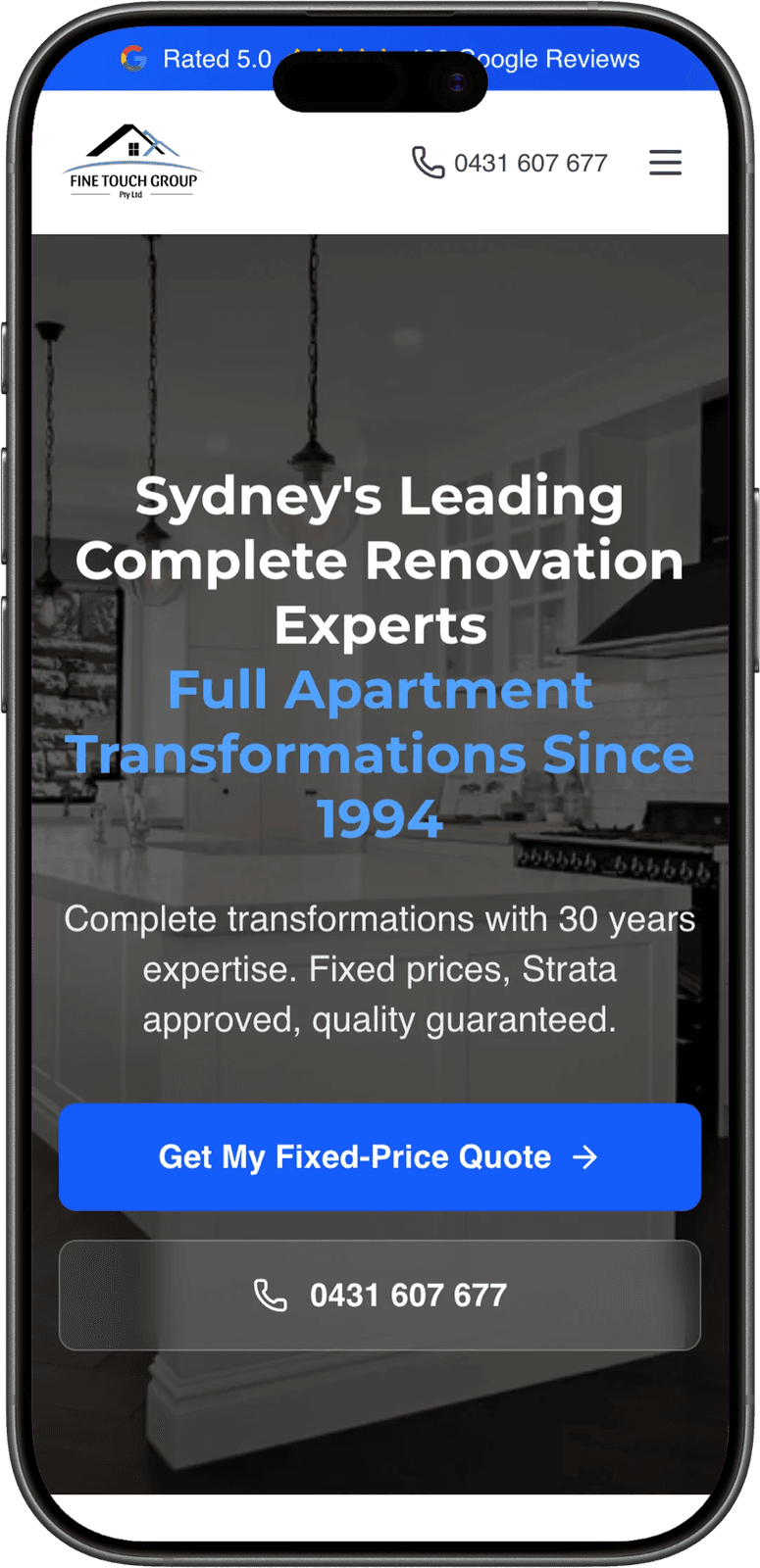Fine Touch Group apartment renovations page on mobile