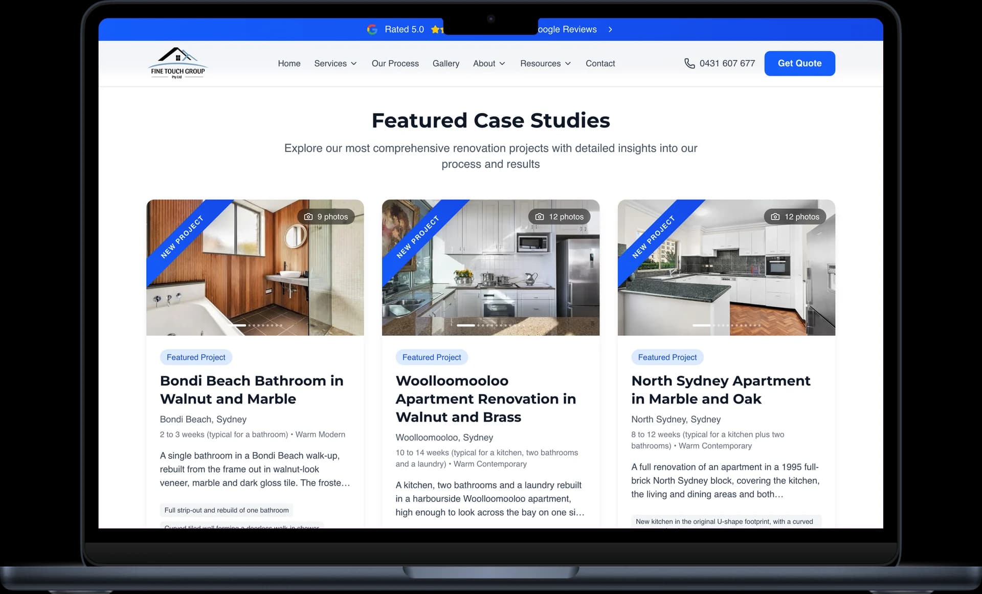 Fine Touch Group's current project gallery on a laptop, showing real completed renovations