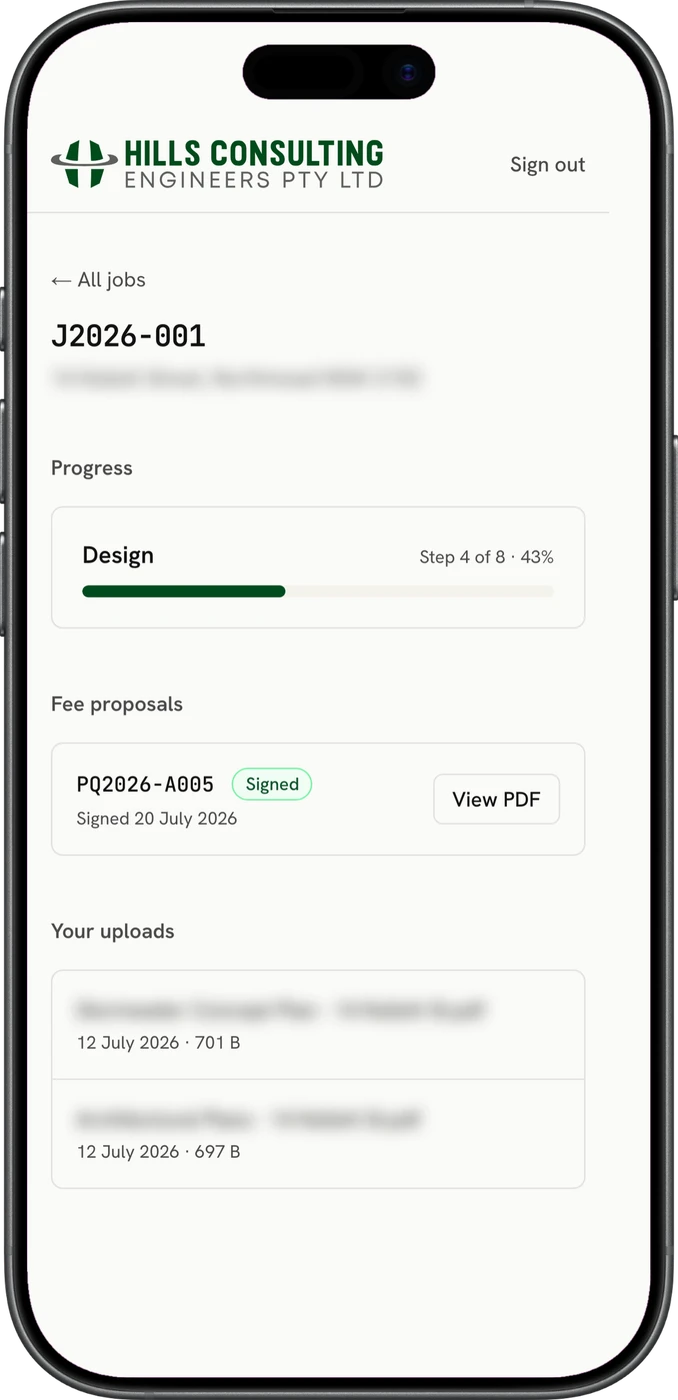 Client job view on a phone showing the current stage as step four of eight at forty-three percent, the signed fee proposal, and a receipt list of the plans the client uploaded