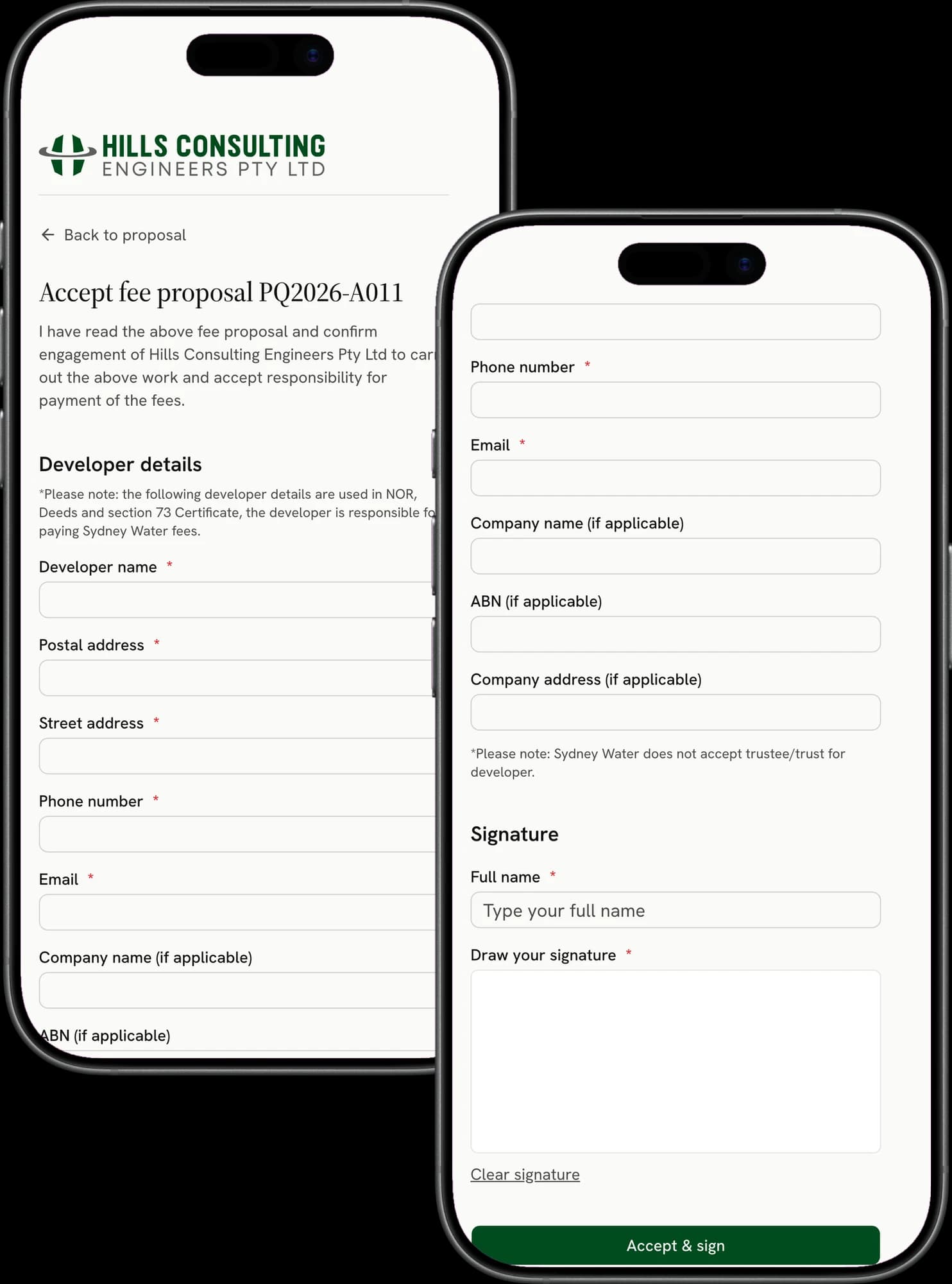 Two phones showing the client acceptance flow: the developer details form asking for legal name, ABN, postal and street addresses, then the signature pad above the accept and sign button