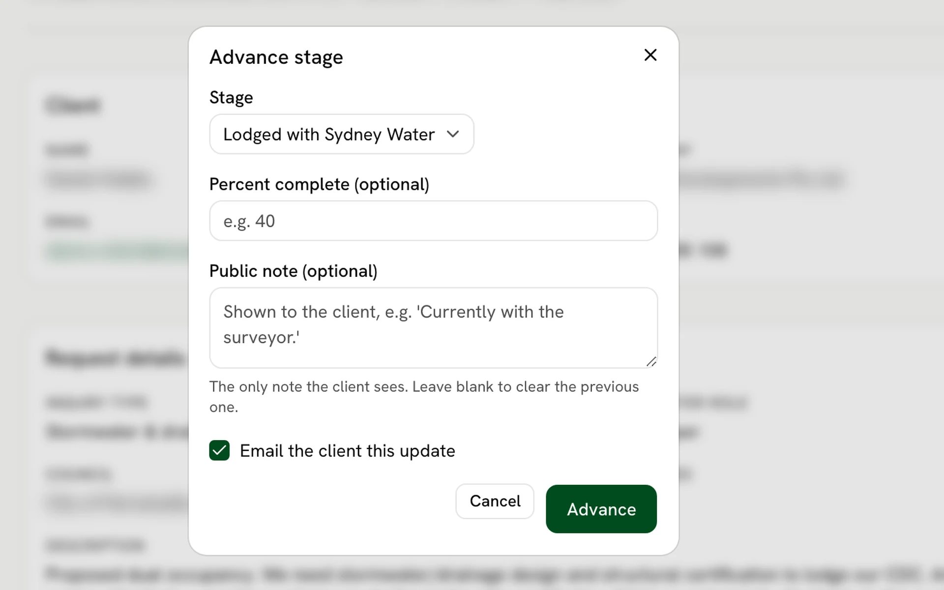 Advance stage dialog with a stage selector set to Lodged with Sydney Water, an optional percent complete field, a public note field, and email the client this update ticked