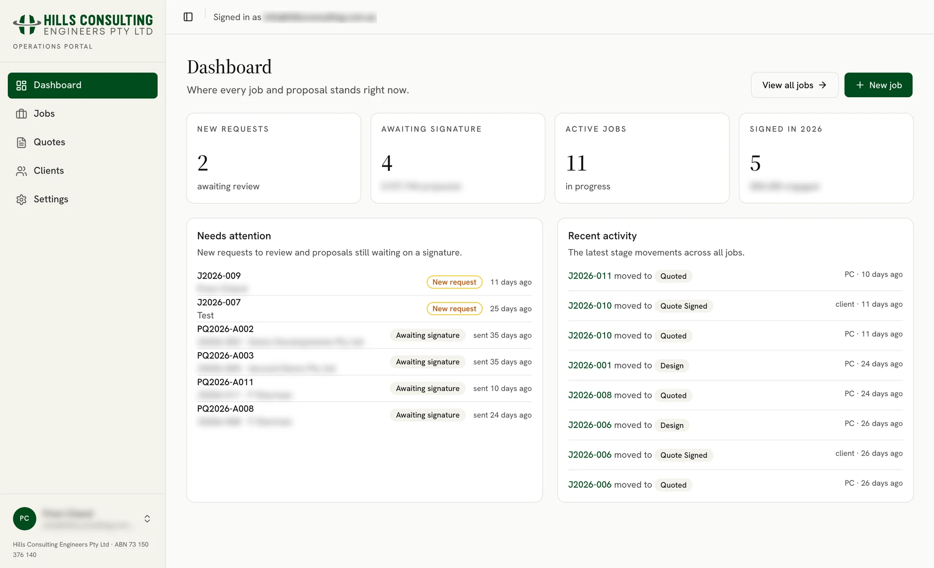 Operations portal dashboard showing new requests awaiting review, quotes awaiting signature, active jobs, and a recent activity feed of stage movements