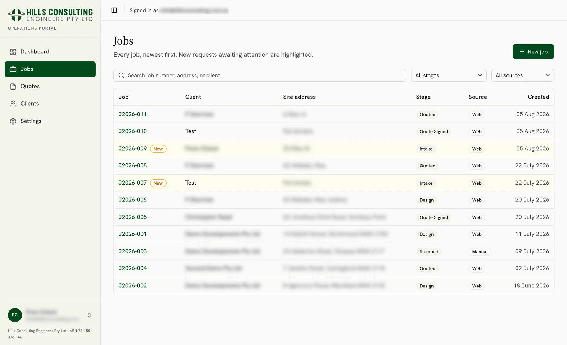 Jobs list filtered by stage and source, with new requests highlighted for attention