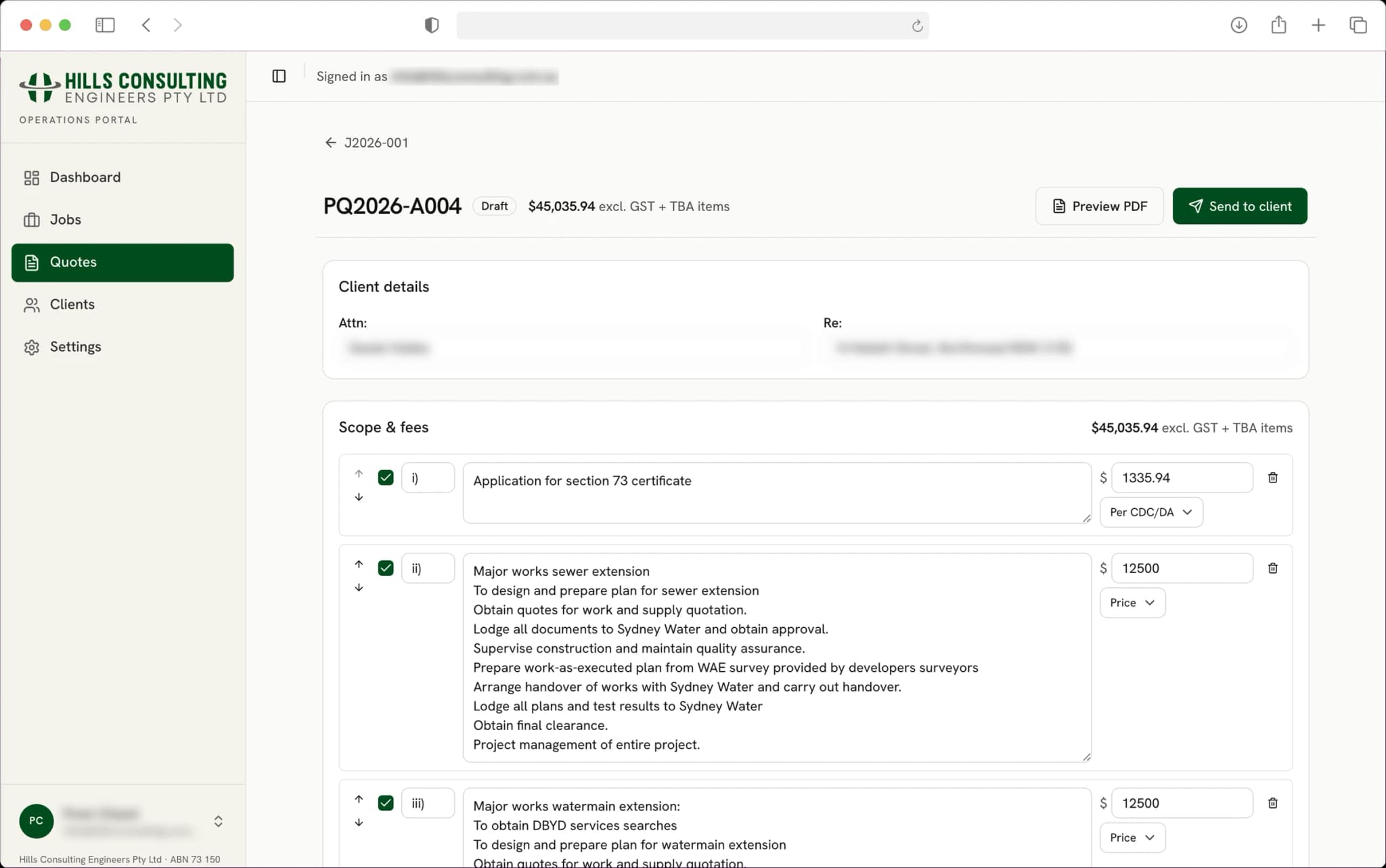 Hills Consulting portal quote builder with scope lines, pricing and PDF controls; client details obscured