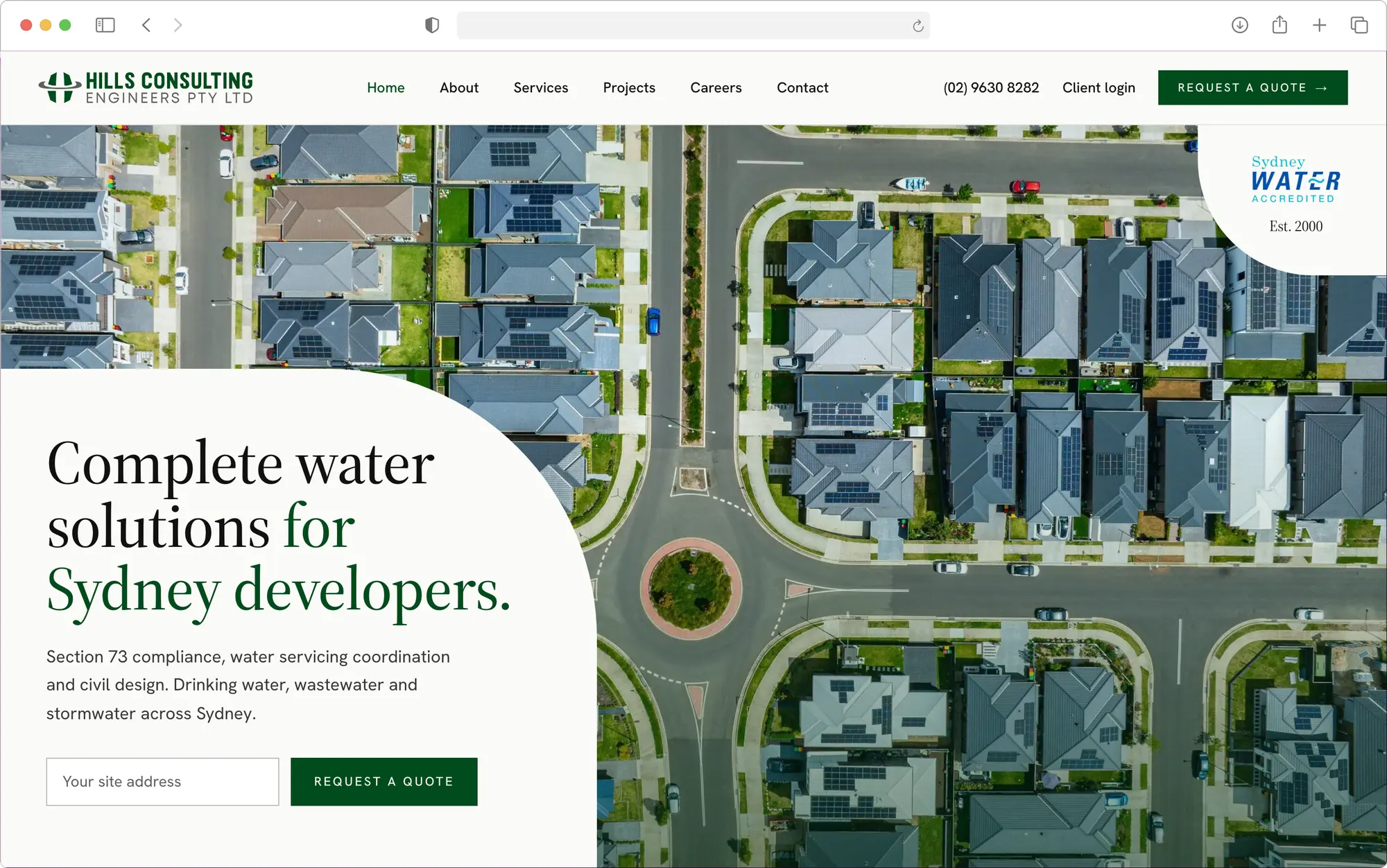 Hills Consulting Engineers homepage in a browser window, showing an aerial photograph of a Sydney subdivision and a site address field above the request a quote button