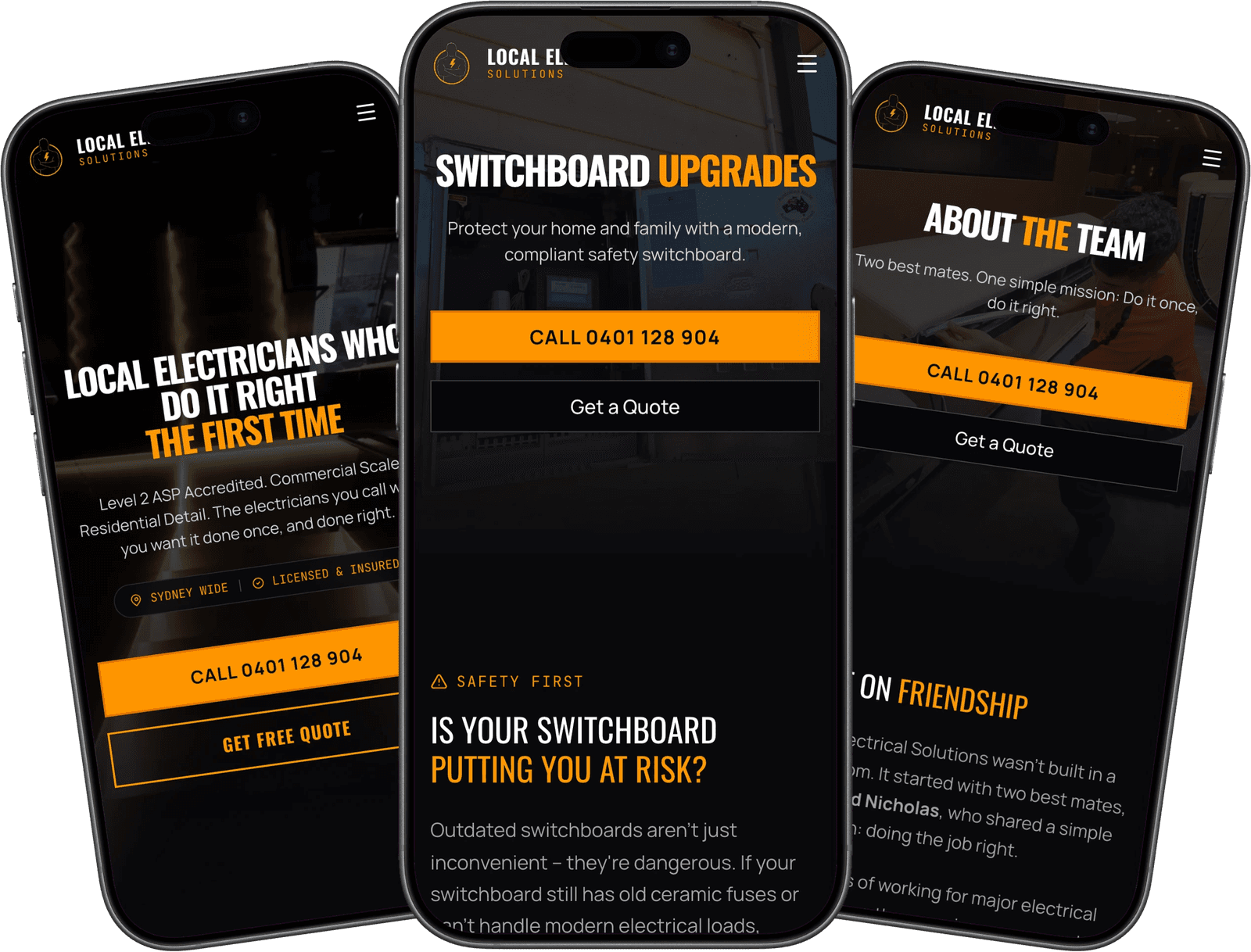 Local Electrical Solutions across three mobile screens