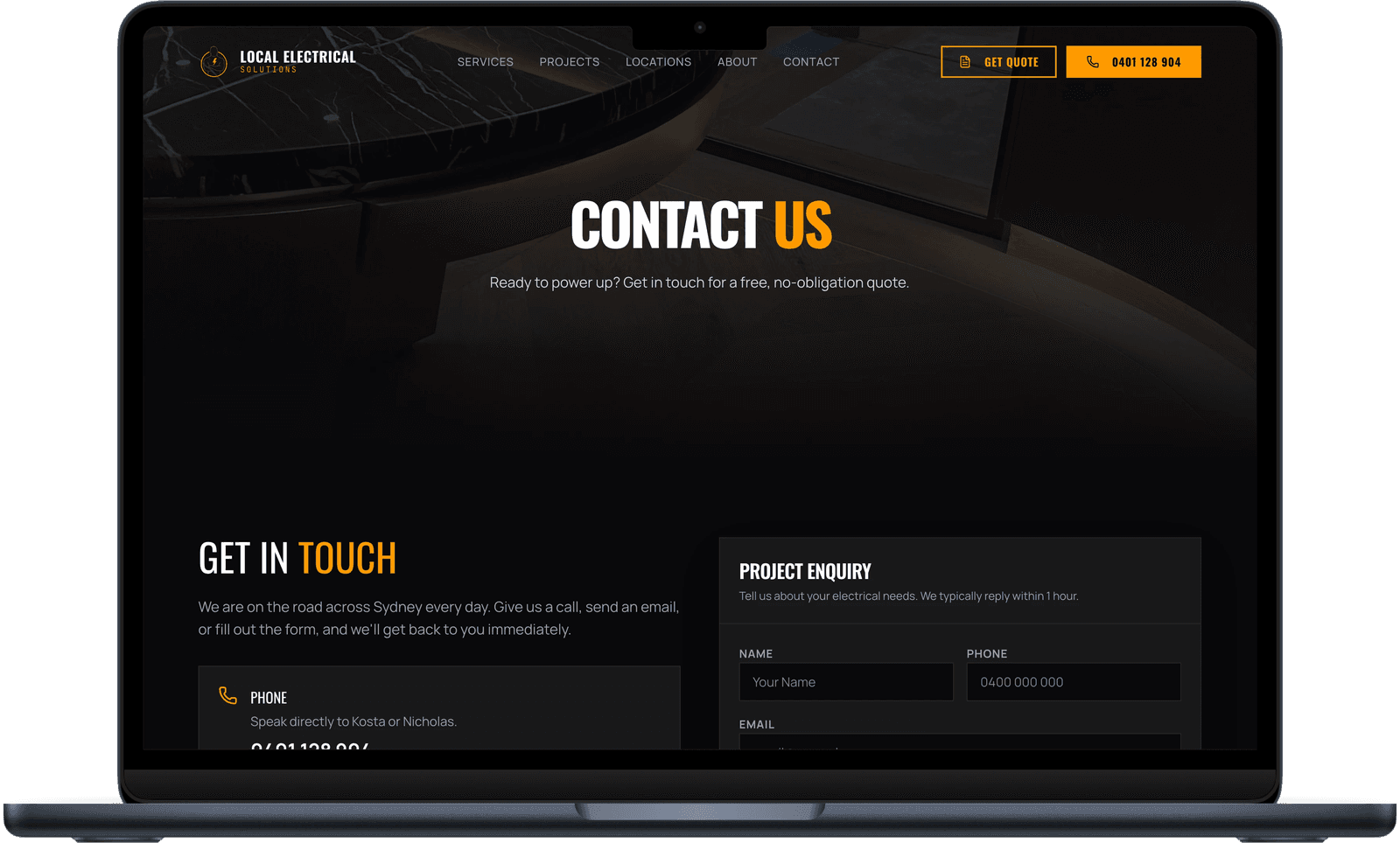 Contact page with lead capture form