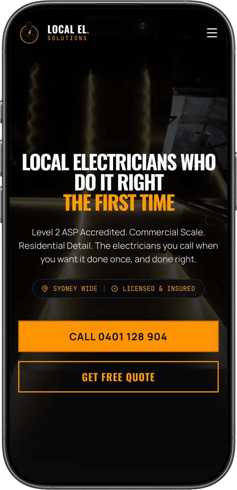 Local Electrical Solutions homepage on mobile