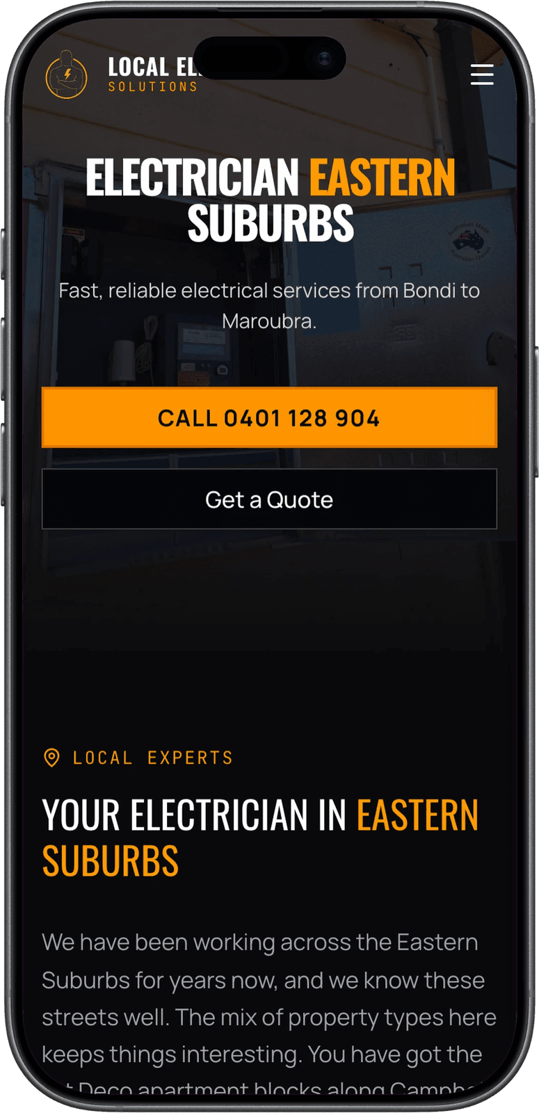 Eastern Suburbs location page on mobile