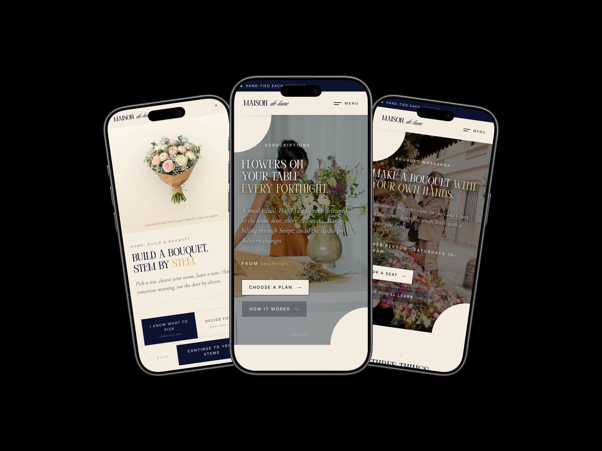 A headless florist storefront we run, displayed on three iPhones