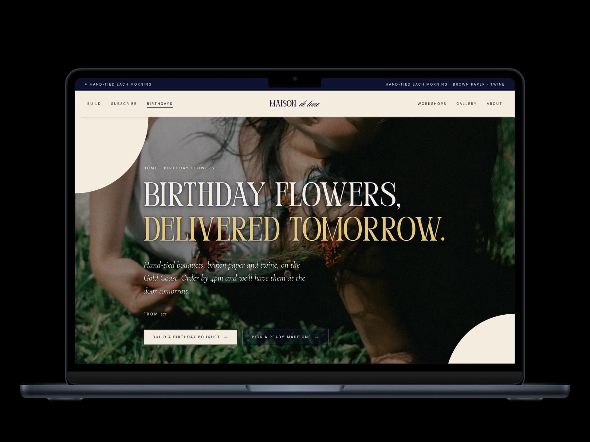 Birthday flowers landing page with next-day delivery promise