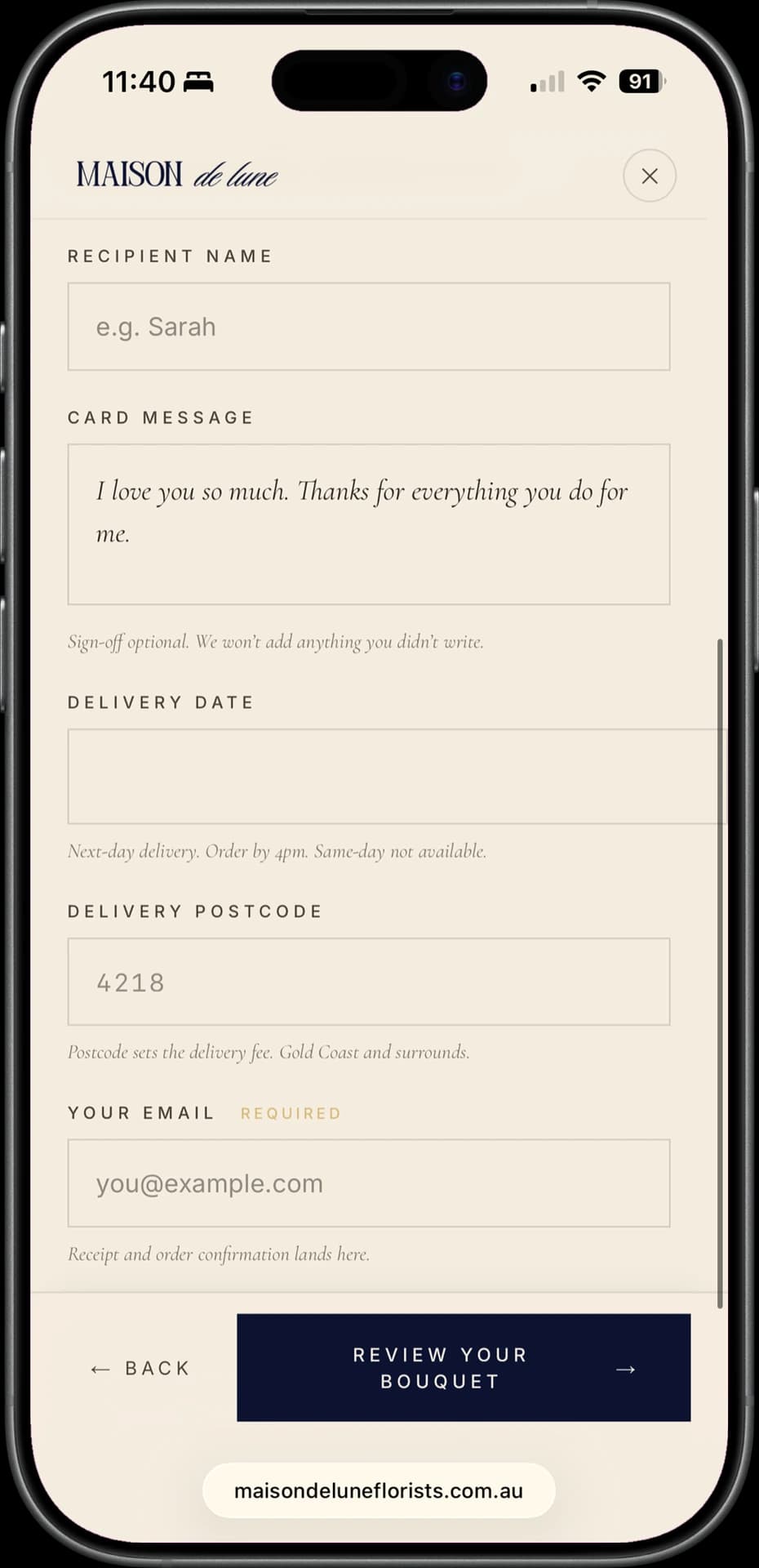 Final step with recipient name, card message, delivery date, postcode, and email