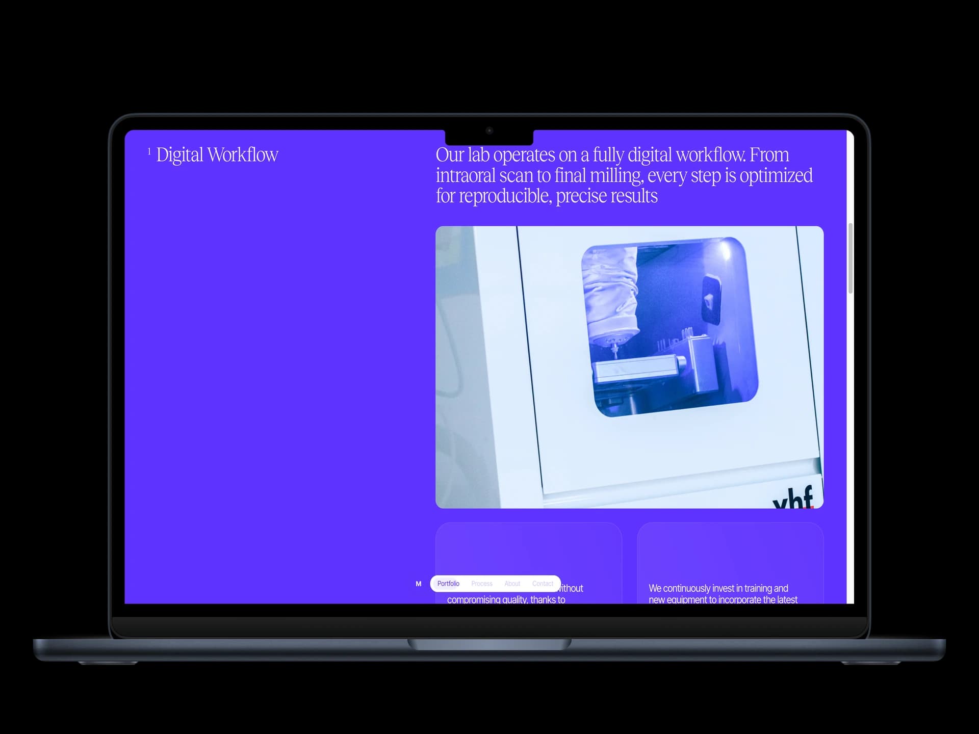 Digital Workflow section showing CNC milling equipment on lavender background