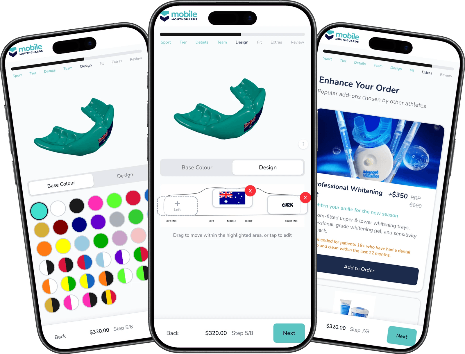 Mobile Mouthguards across three mobile screens showing homepage, about page, and configurator