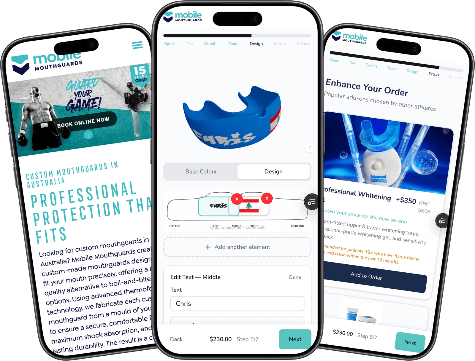 Mobile Mouthguards 3D configurator app displayed on three iPhones