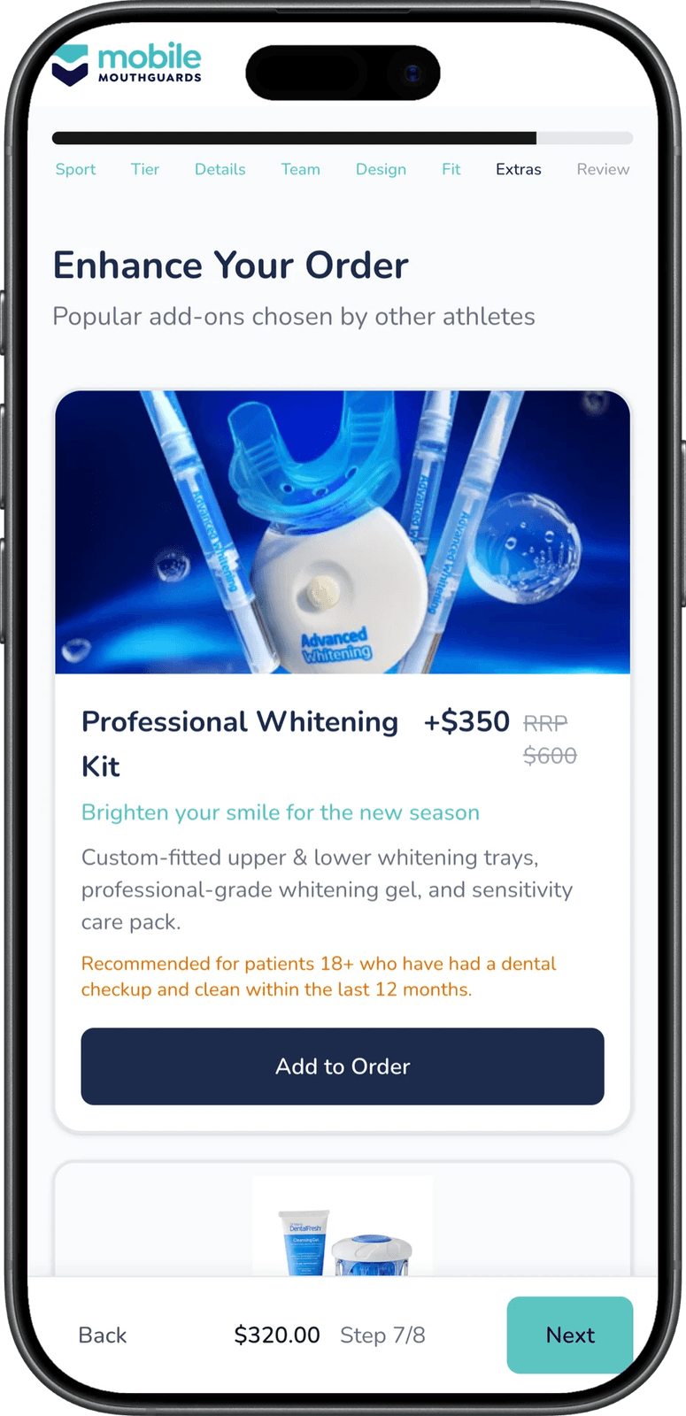 Mobile Mouthguards upsells page on mobile