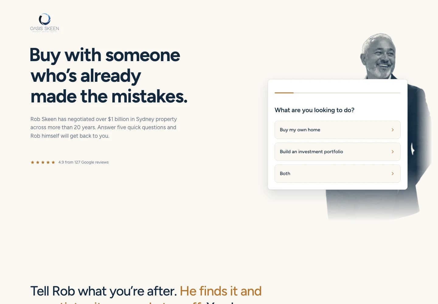 Oasis Skeen: The live landing page pairs Rob's introduction with the first enquiry question.