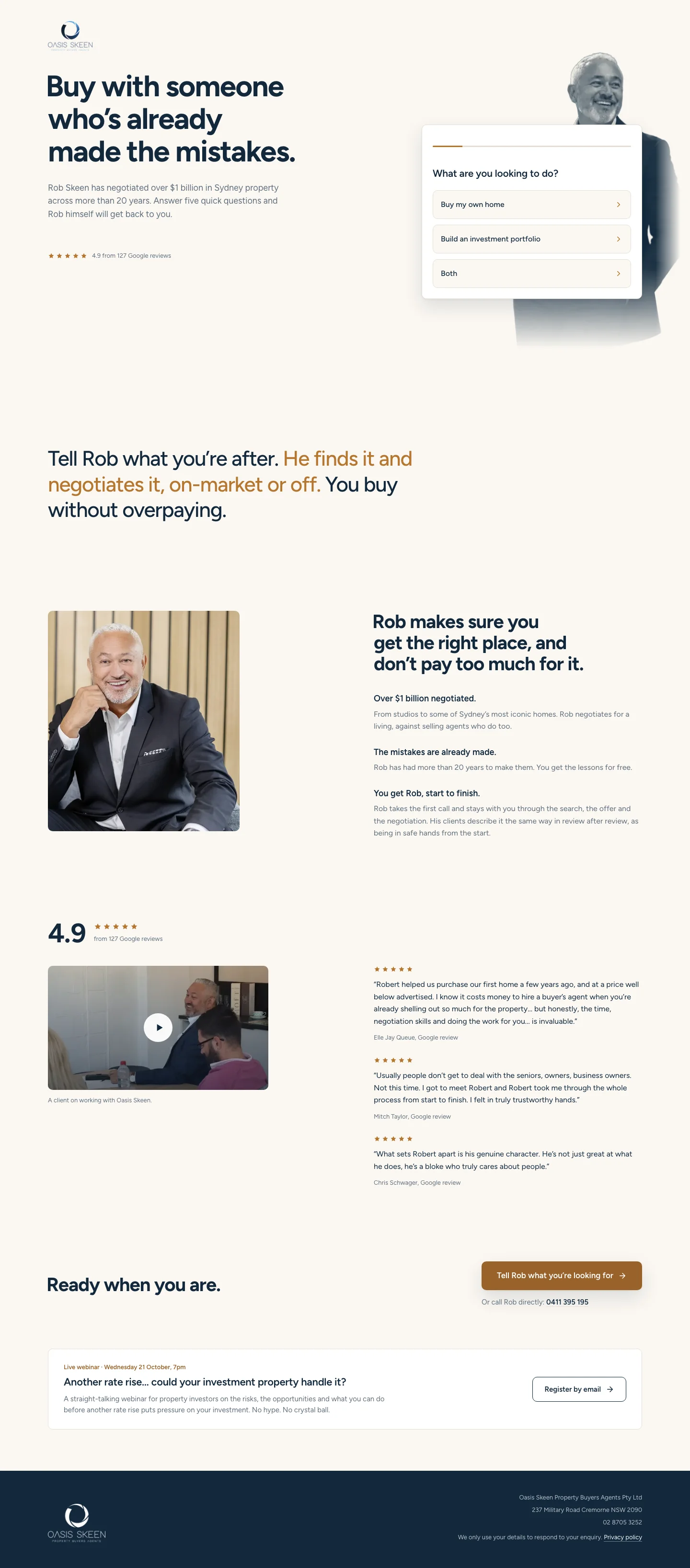 The complete Oasis Skeen landing page, including its enquiry flow, client stories and webinar section