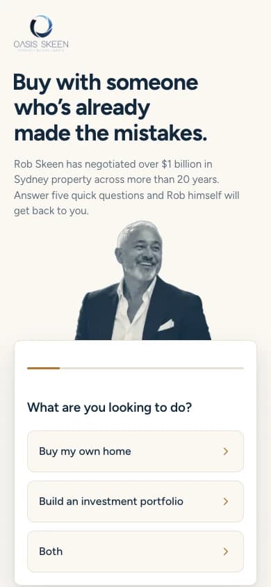 Oasis Skeen's introduction and enquiry page at a mobile width