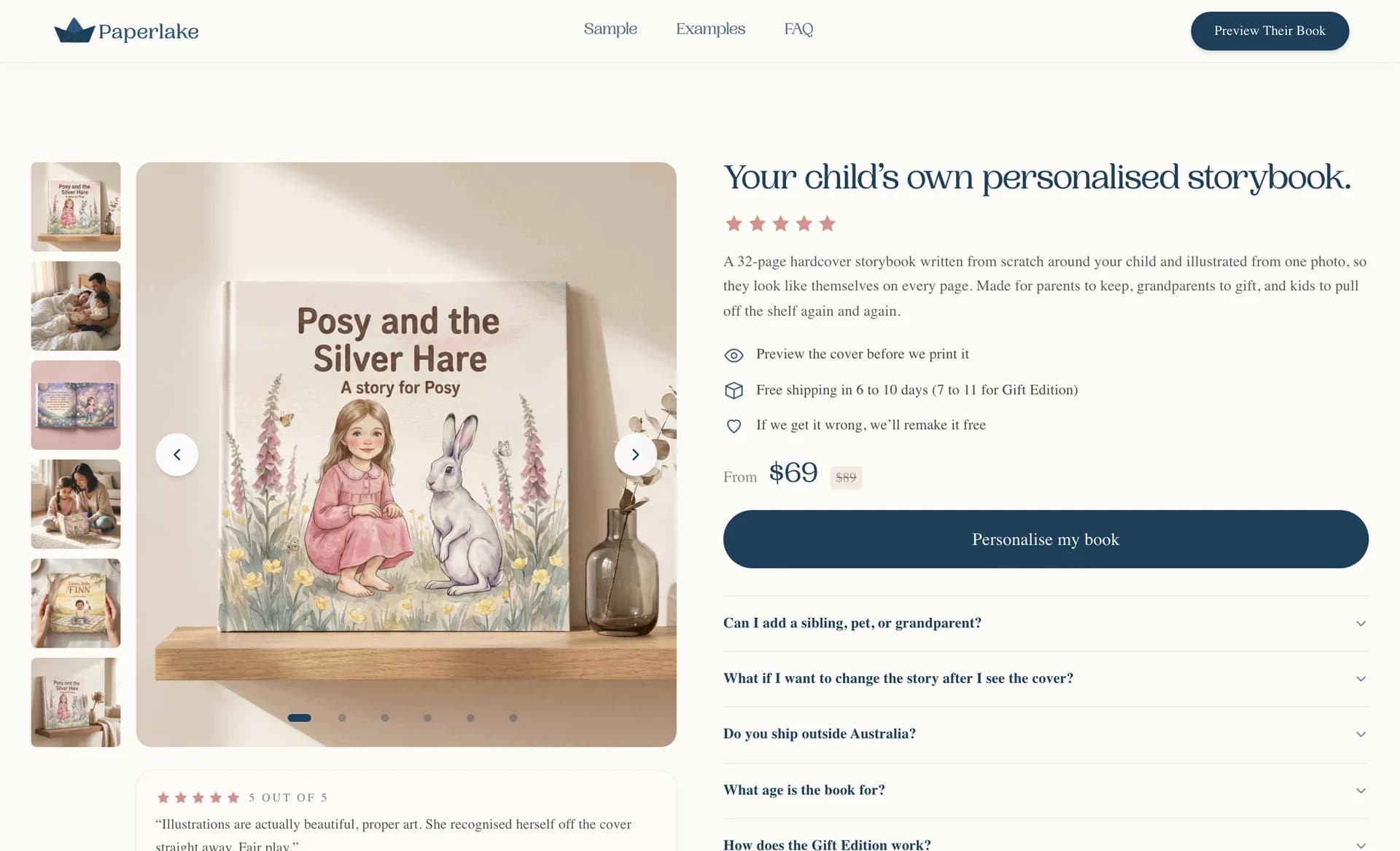 Paperlake product page with the Posy and the Silver Hare book cover, product details and personalisation button