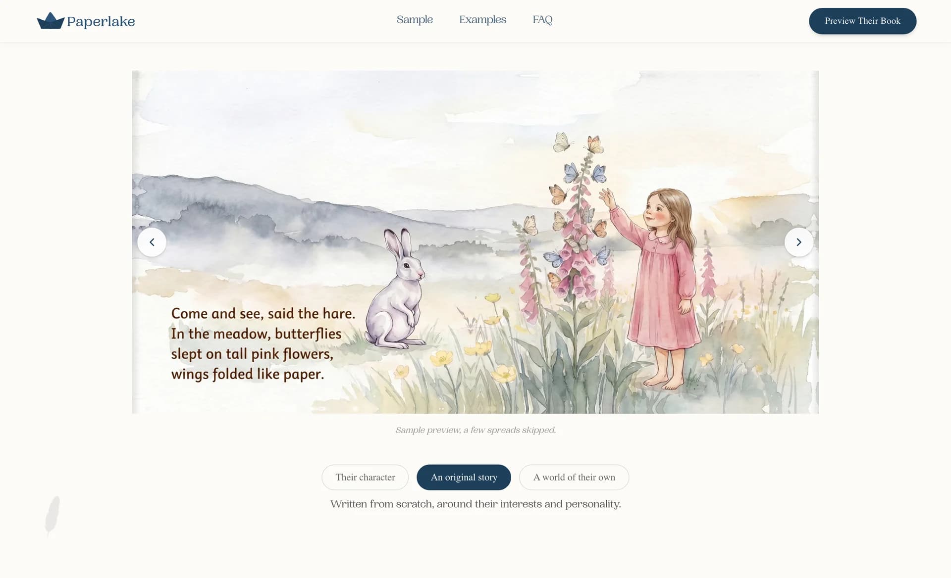 Paperlake sample book spread showing a girl and a silver hare in a watercolour meadow, with the story text beside them