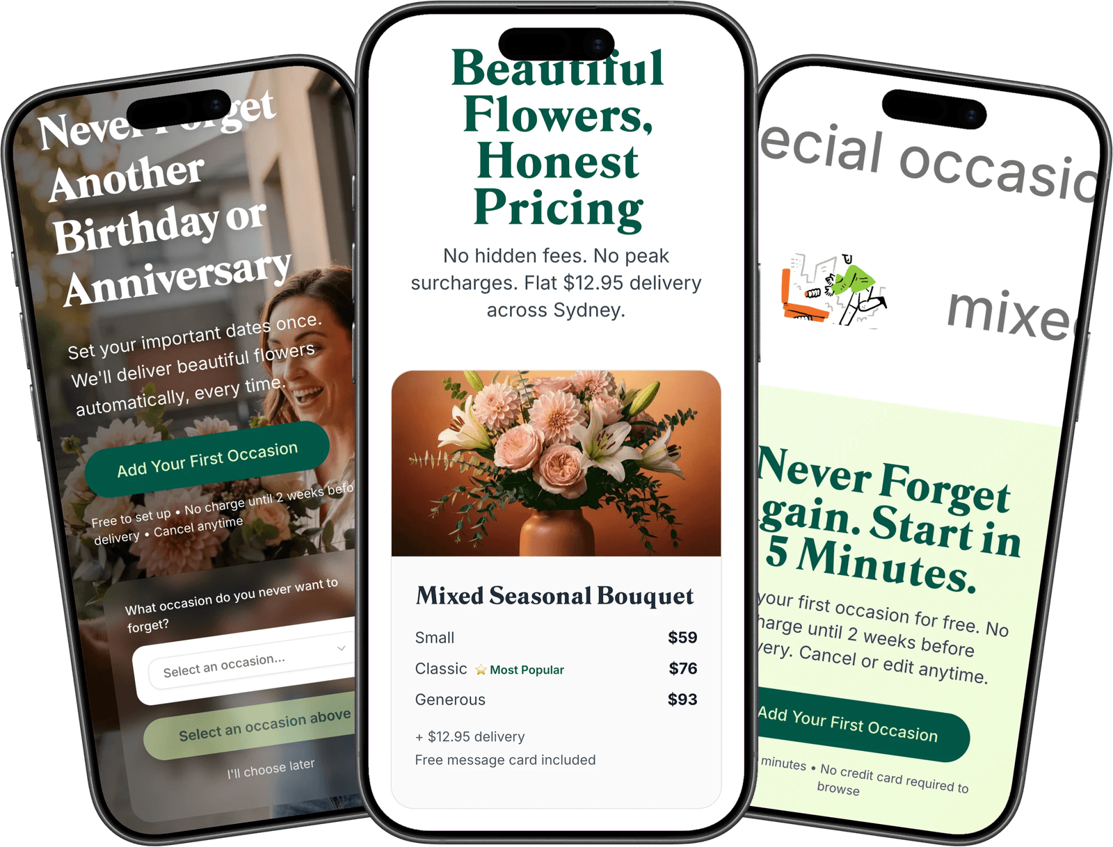 Plan Flowers across three mobile screens showing homepage, how it works, and business pages