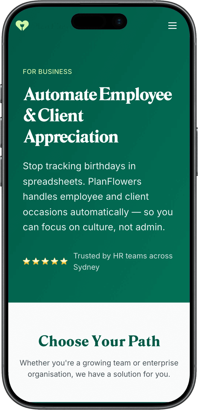 Business landing page on mobile