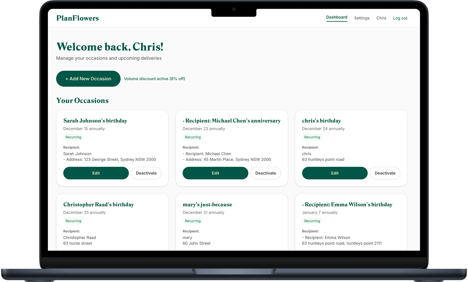 Plan Flowers occasion dashboard showing upcoming deliveries