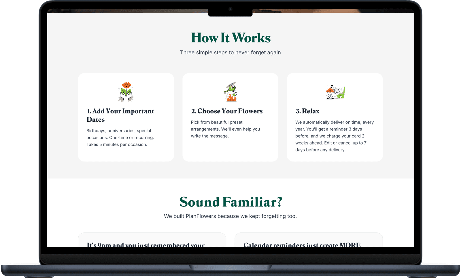 Plan Flowers homepage below-fold content with trust signals and social proof