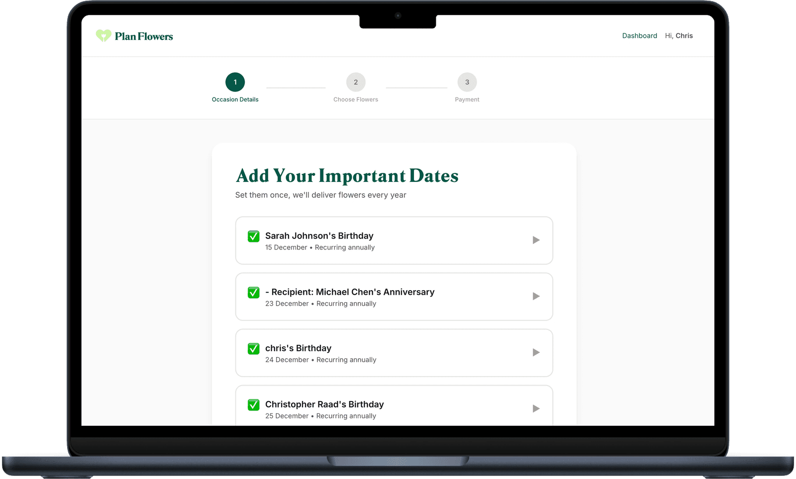Multi-step occasion setup wizard