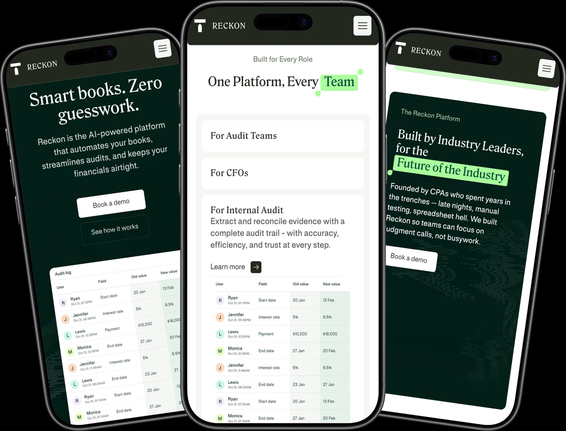 Reckon across three mobile screens showing homepage, platform section, and company story