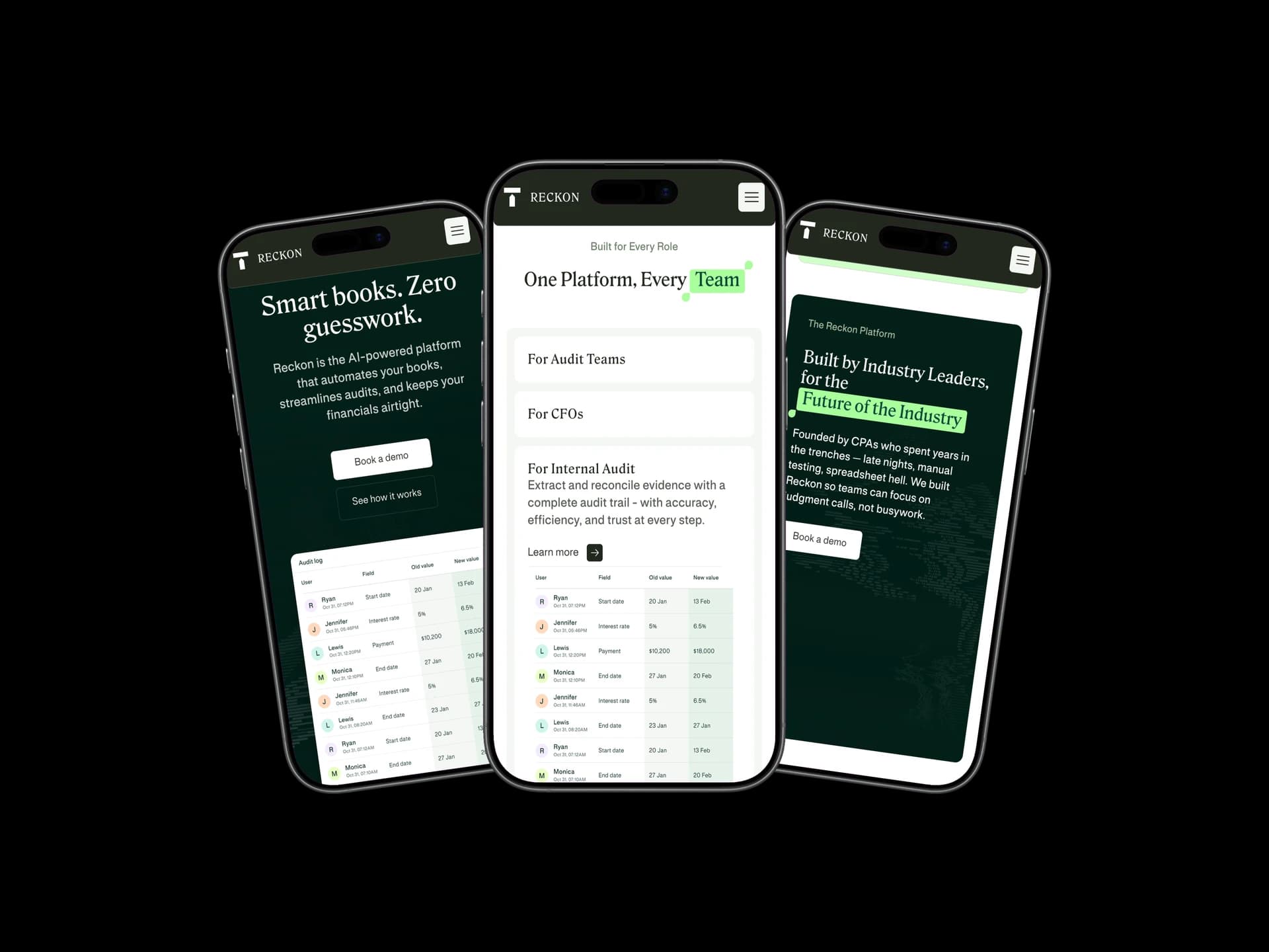 Reckon across three mobile screens showing homepage, platform section, and company story
