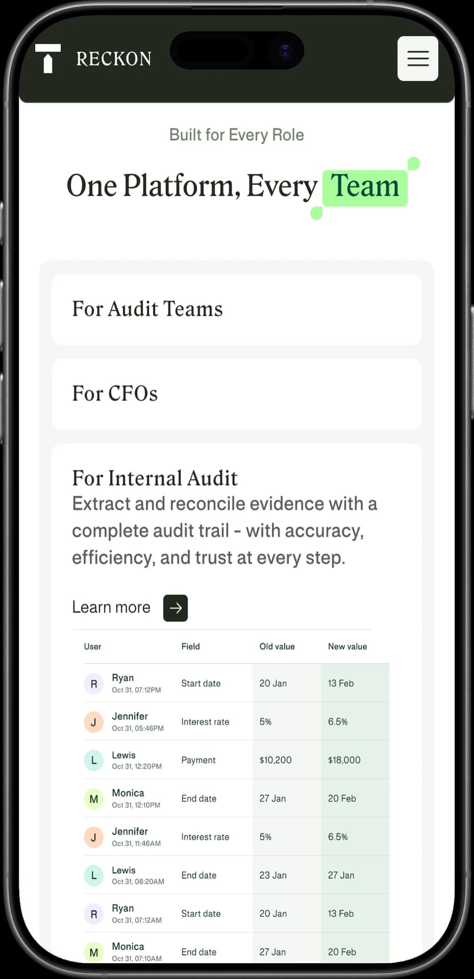 Reckon features section on mobile