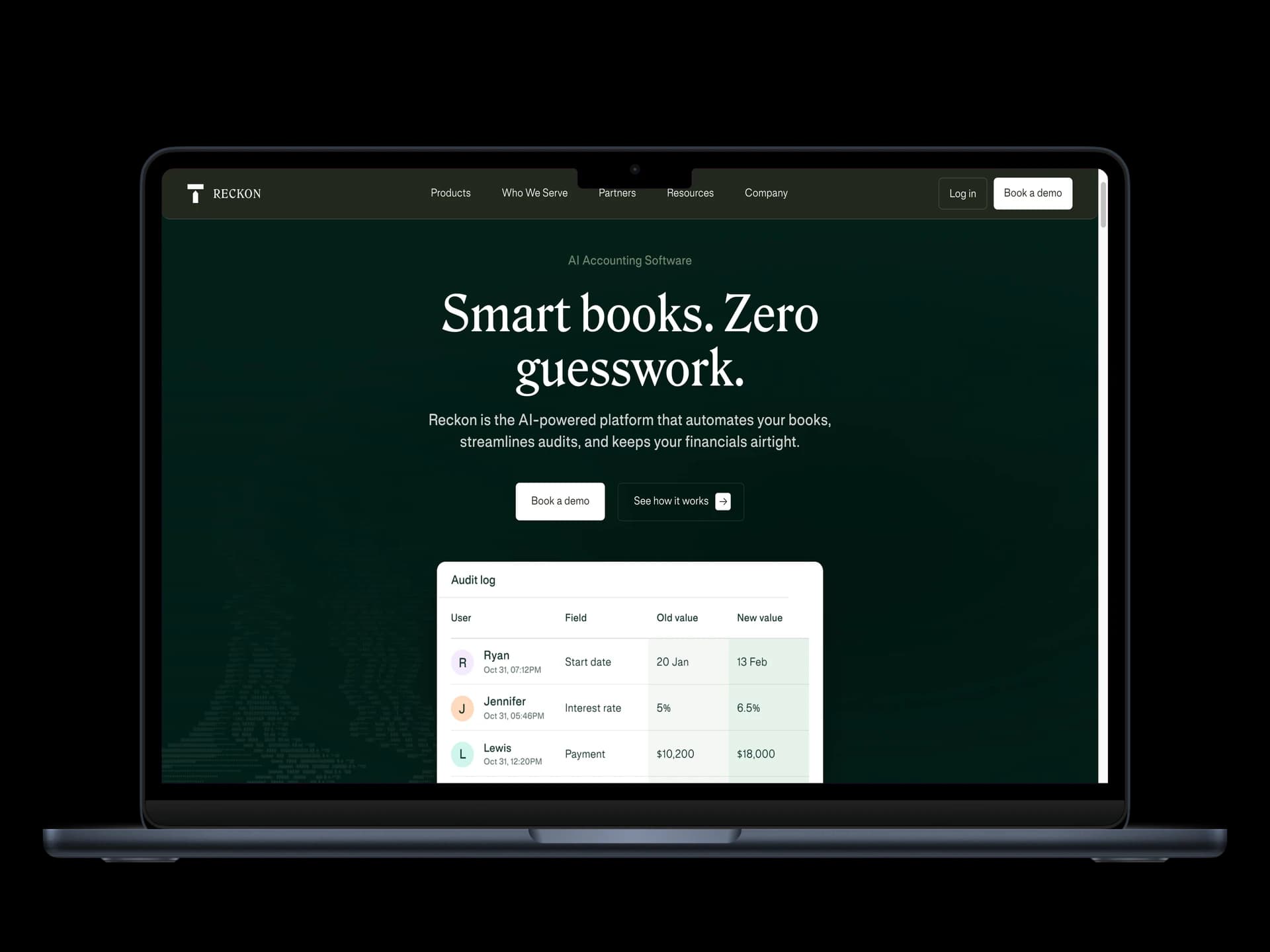 Reckon AI accounting platform homepage on desktop
