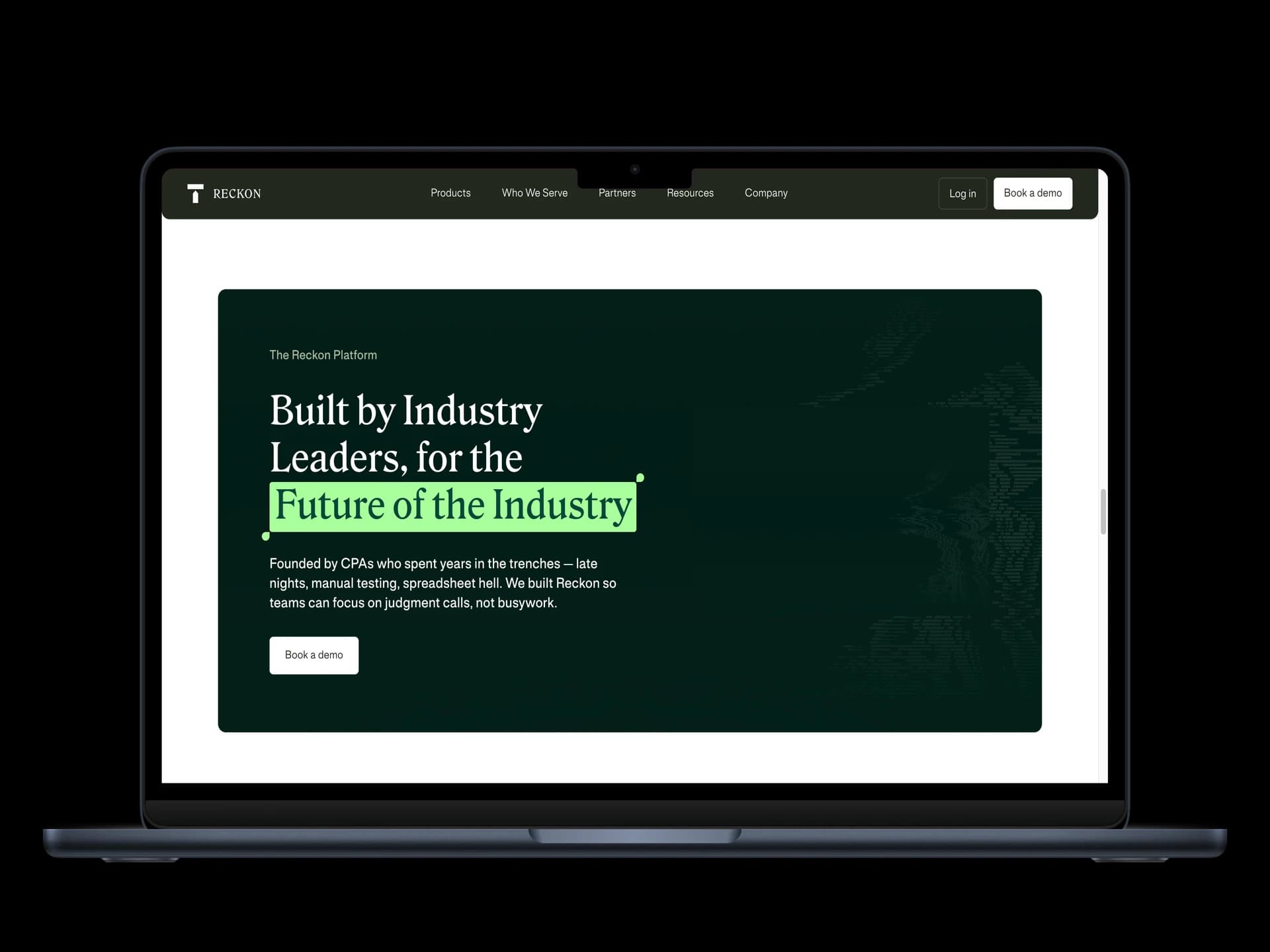 Reckon 'Built by Industry Leaders' dark section with editorial typography