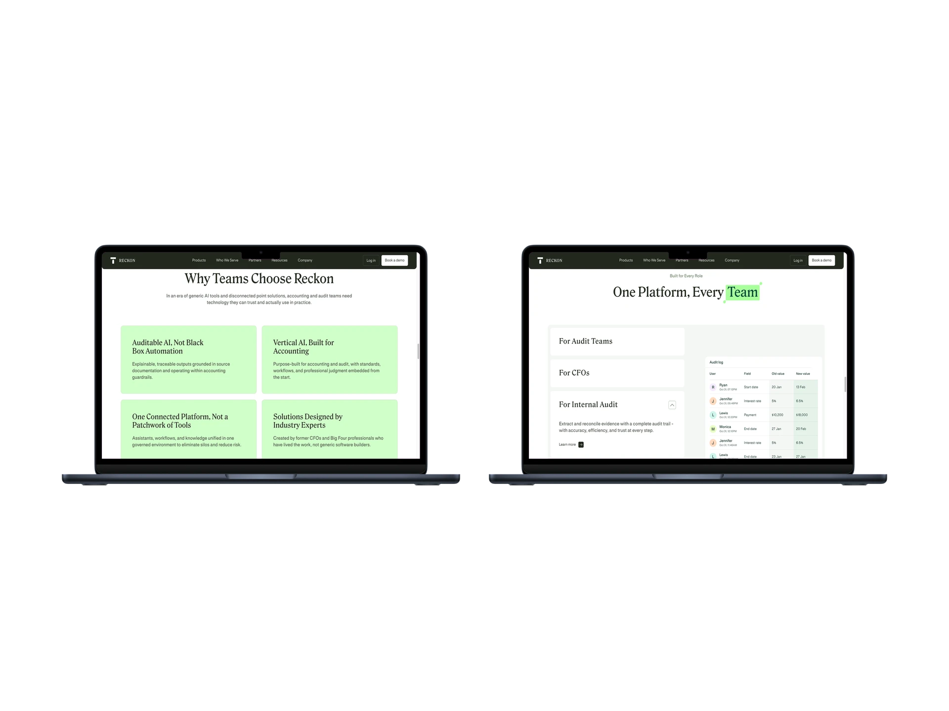 Reckon value proposition cards and role-based platform section side by side