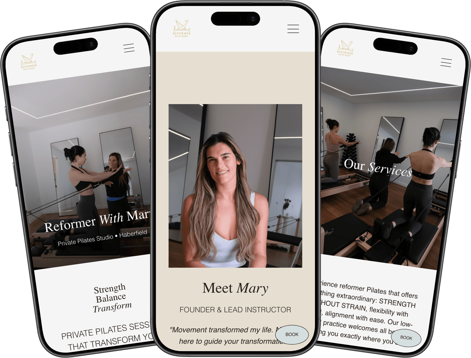 Reformer with Mary website displayed on three iPhones