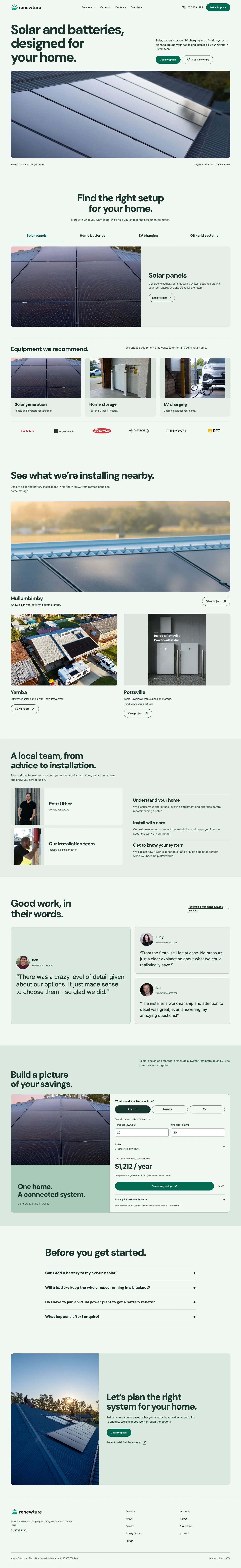 Full Renewture homepage design, from the introduction through services, project or team imagery, questions and enquiry section