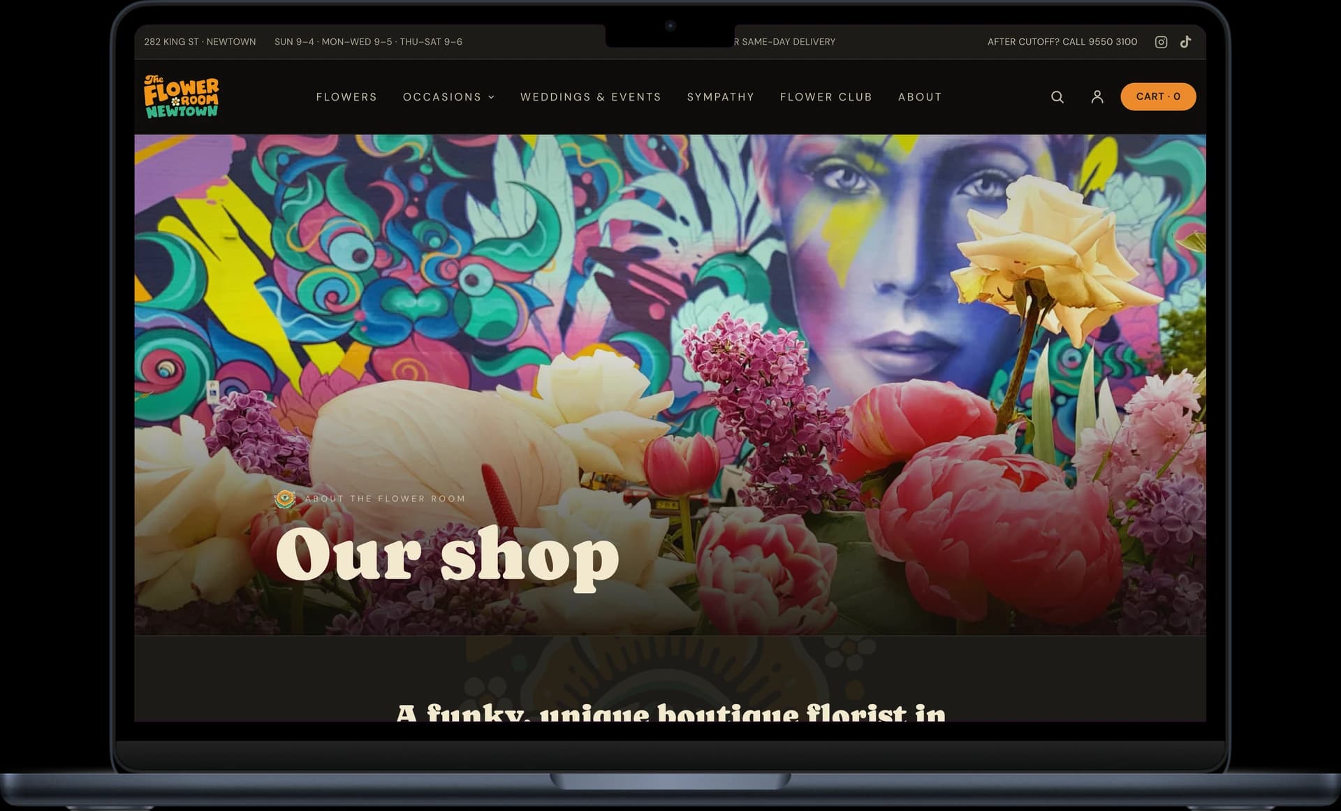 The Flower Room about page carrying the Newtown brand