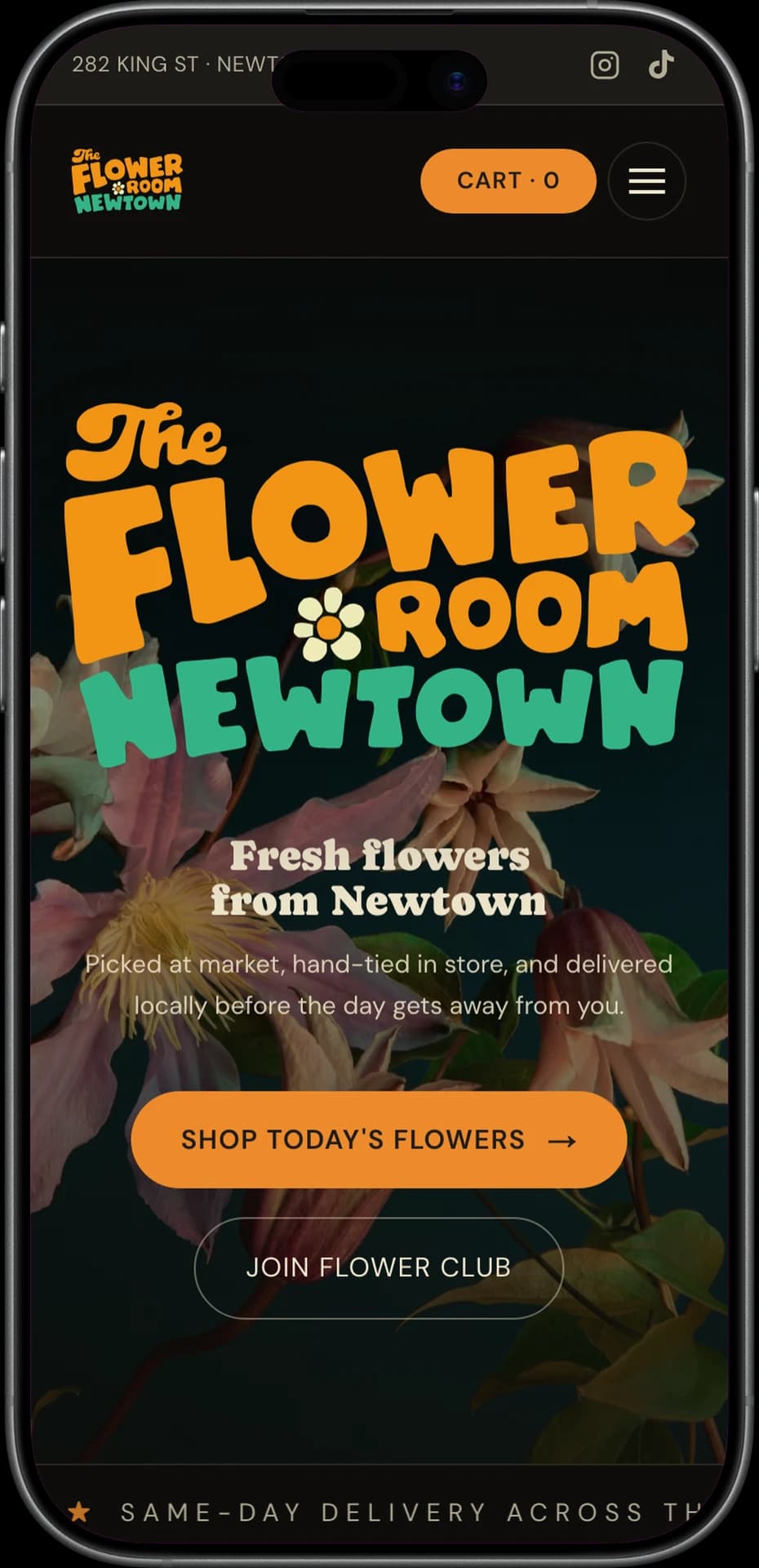 The Flower Room homepage on mobile