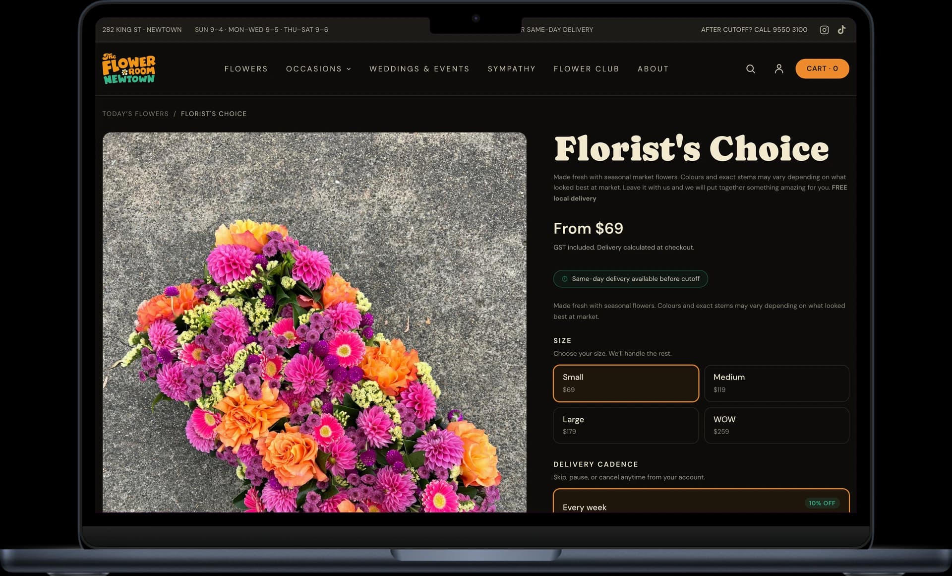 The Flower Room product page with flower options and add-to-cart controls