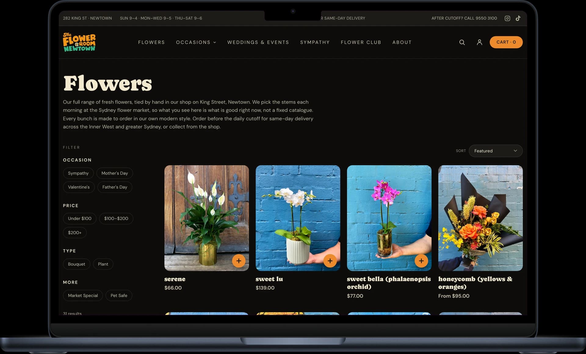 The Flowers collection page showing the live market-driven catalogue