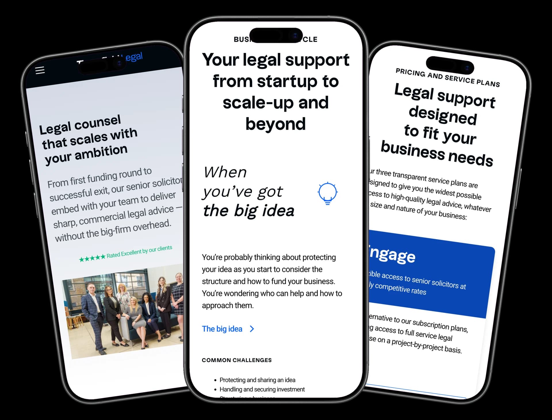 Thornfield Legal across three mobile screens showing homepage, business lifecycle, and pricing