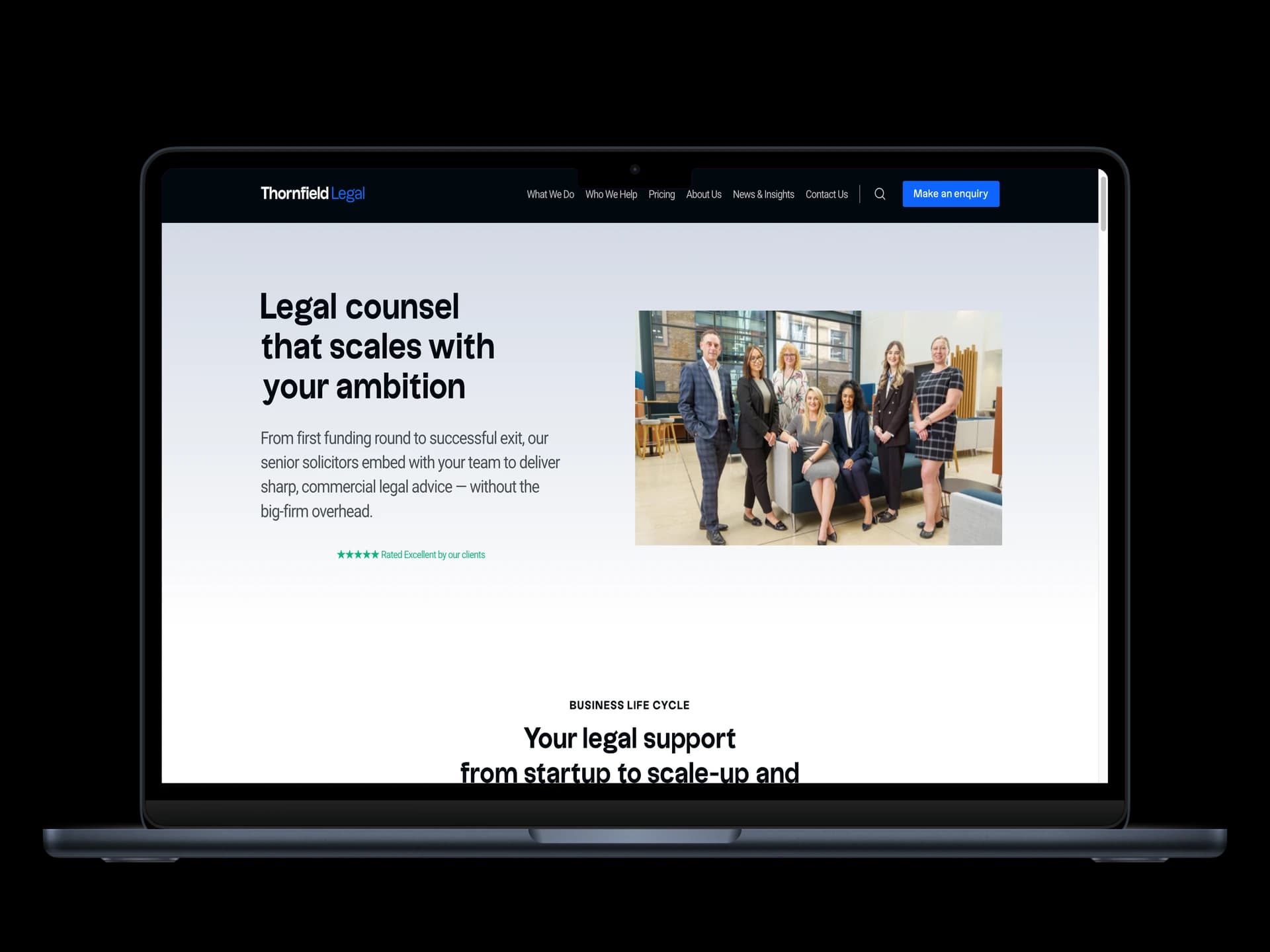 Thornfield Legal homepage on desktop showing team photography and headline
