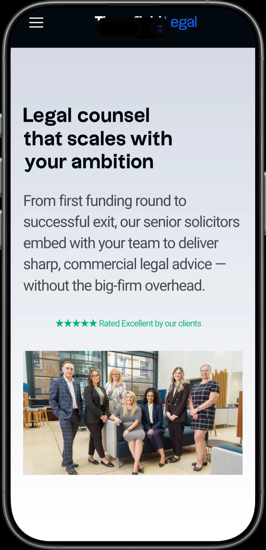 Thornfield Legal homepage on mobile