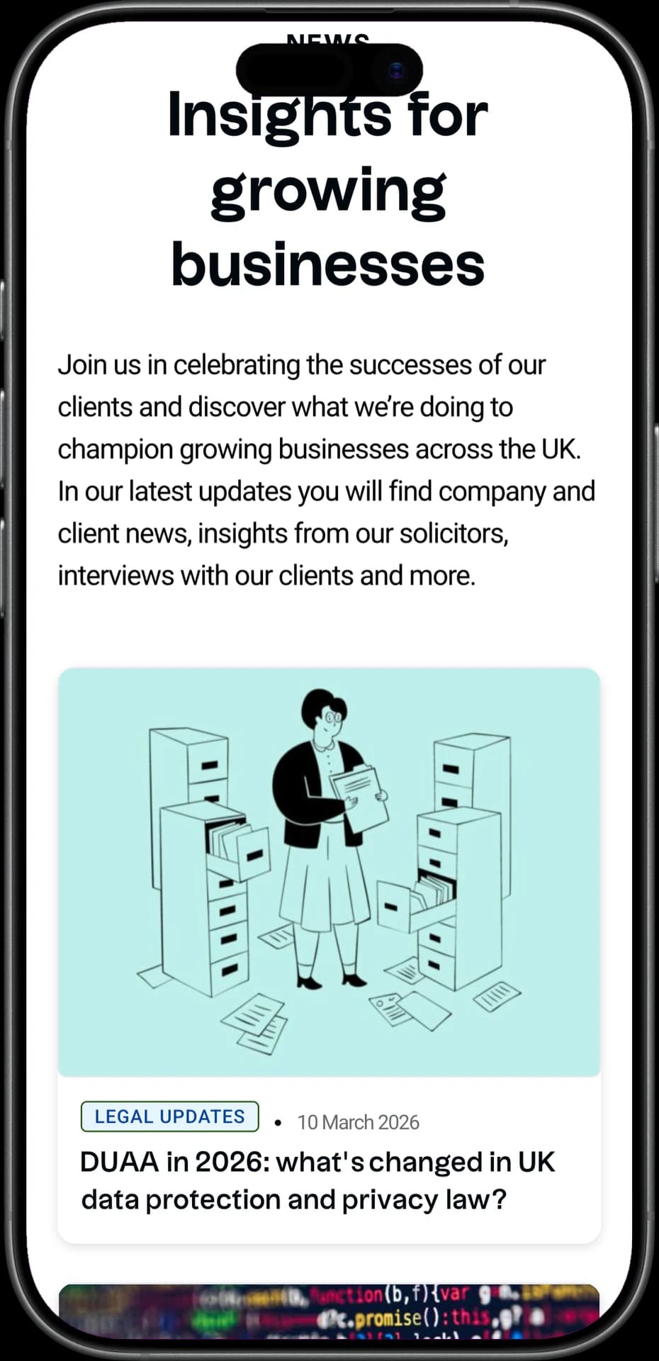 Thornfield Legal news section on mobile