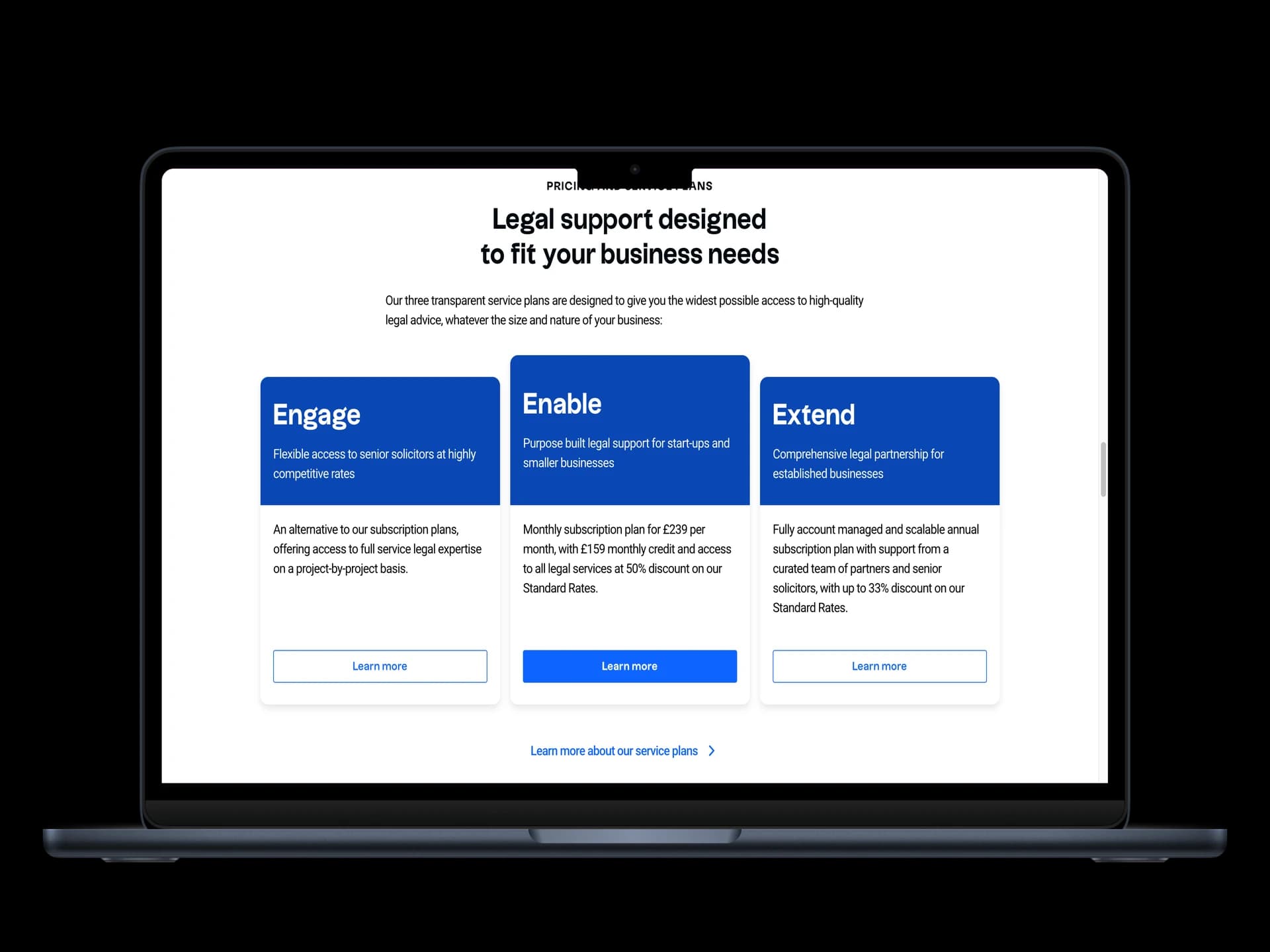 Thornfield Legal three-tier pricing section with Engage, Enable, and Extend plans