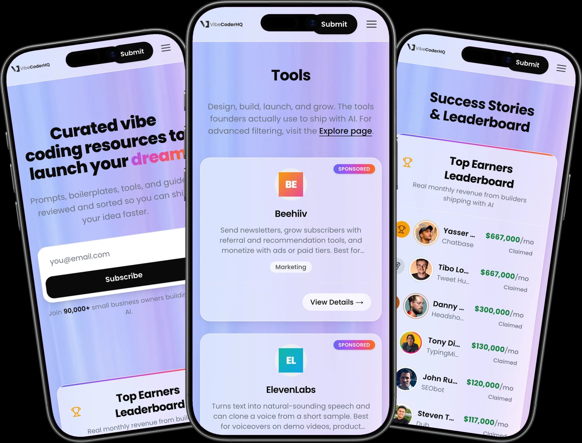 Vibe Coder HQ across three mobile screens: homepage, the tools directory, and success stories