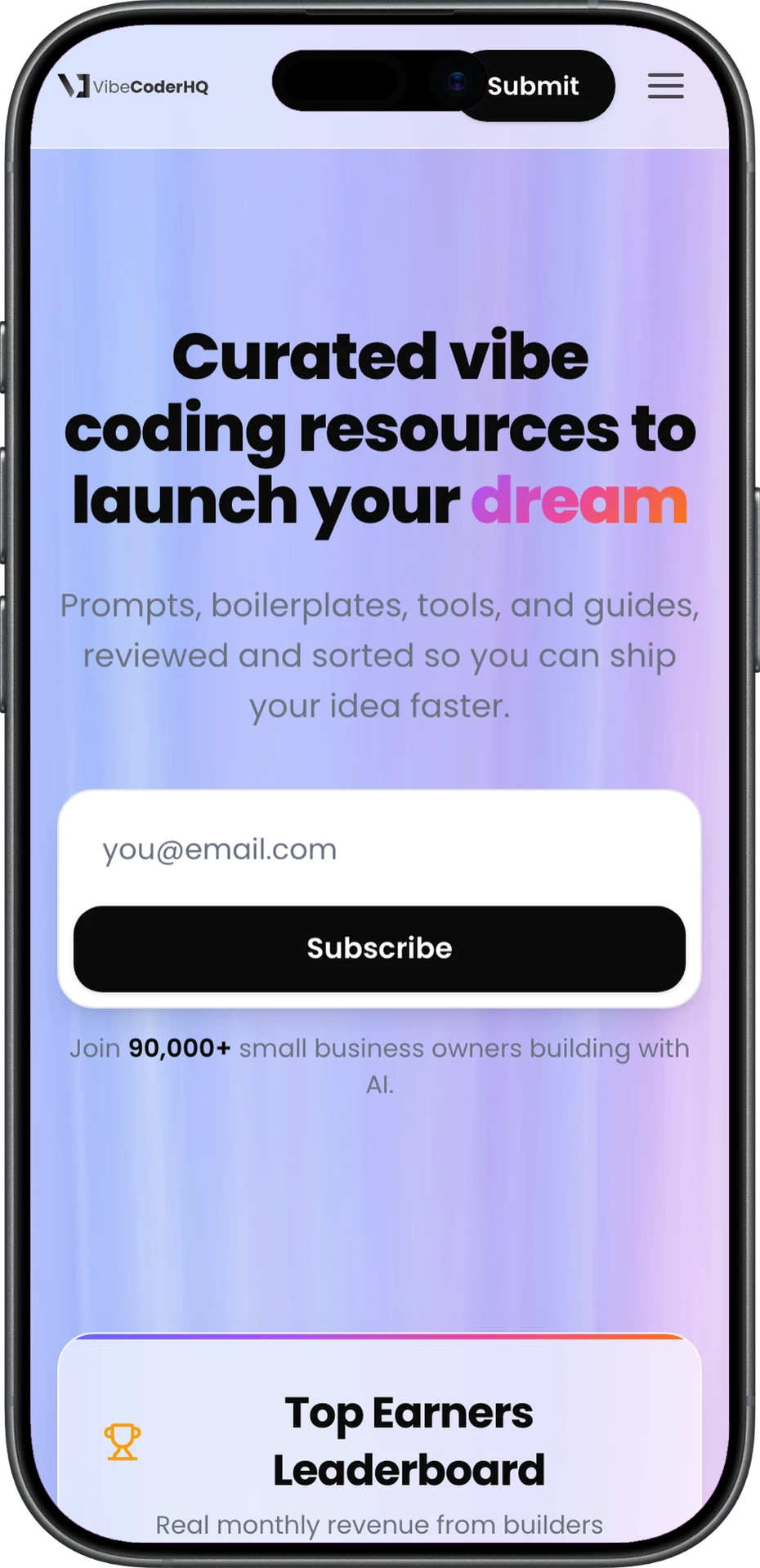 Vibe Coder HQ homepage on mobile